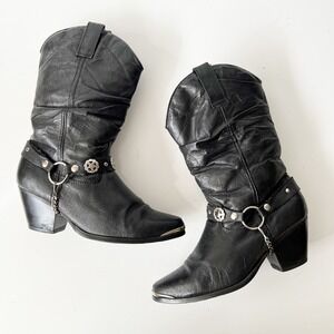 Vintage Black Leather Western Cowboy Boots Slouchy Riding Chain Biker Size 6.5M‎